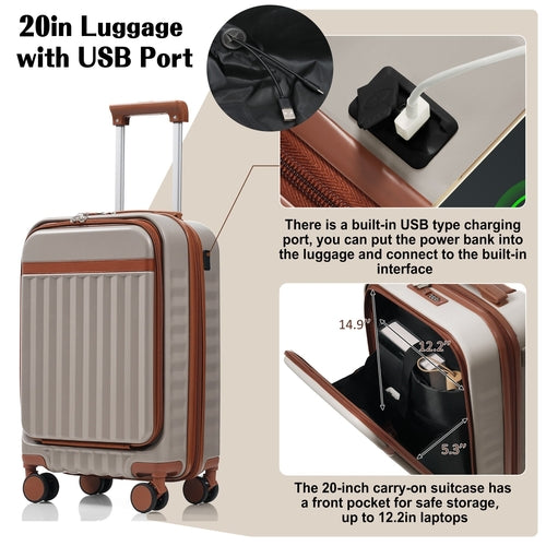 Luggage Set of 3, 20inch with USB Port, front opening design Airline