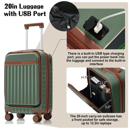 Luggage Set of 3, 20inch with USB Port, front opening design Airline